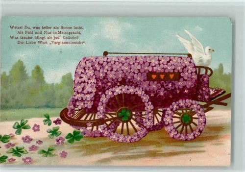 1906 Bauernwagen aus Veilchen, Taube, Spruch Vergissmeinnicht - Poesie