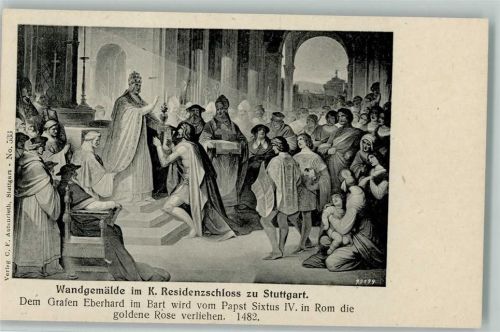 Stuttgart Wandgemälde im K. Residenzschloss Dem Grafen Eberhard im Bart wird vom Papst Sixtus IV. im rom die goldene Rose verliehen 1482