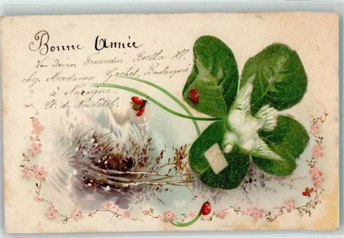 1901 mit Glasperlenauflage Glückskleeblatt Taube Litho