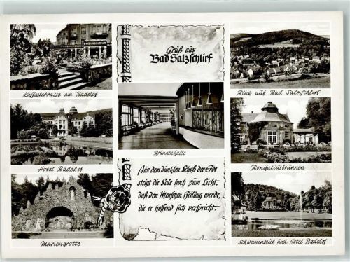 Bad Salzschlirf Kaffeeterrasse am Badehof Hotel Badehof Mariengrotte Brunnenhalle Blick auf Bad Salzschlirf Bonifatiusbrunnen Schwanenteich und Hotel Badehof