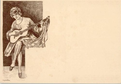 Markneukirchen Gitarre - Werbung: Johannes Adler - Verkauf von Musikinstrumenten - Frau mit Gitarre , signiert