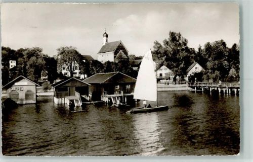Schondorf Blick auf das älteste Kirchlein am See Segelboot