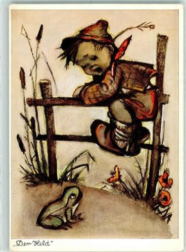 Junge sitzt auf Zaun Frosch Hummel