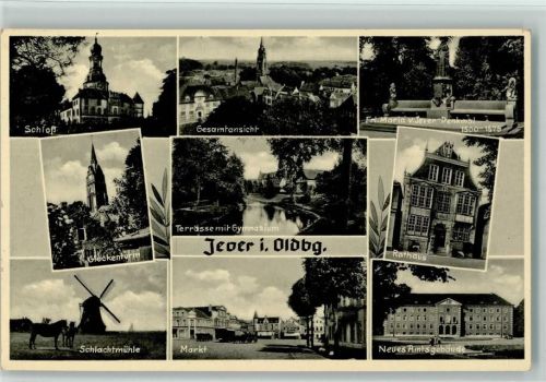 Jever Schloß Glockenturm Schlachtmühle Pferd Gesamtansicht Terrasse mit Gymnasium Markt Frl. v. Jever-Denkmal Rathaus Neues Amtsgebäude Mehrfachaufnahme