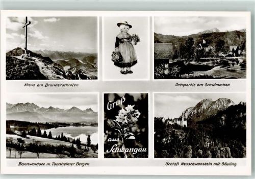 Schwangau Kreuz am Branderschrofen Ortspartie am Schwimmbad Bannwaldsee mit Tannheimer Bergen Schloß Neuschwanstein mit Säuling