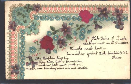 1902 AK mit Stoff Prägedruck Veilchen