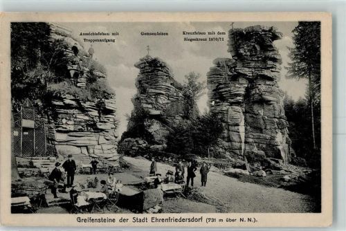 Ehrenfriedersdorf 1916 Greifensteine Aussichtsfelsen mit Treppenaufgang Gemsenfelsen Kreuzfelsen mit dem Siegeskreuz 1870/71