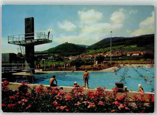 Hambach Schwimmbad mit Blick zum Schloss