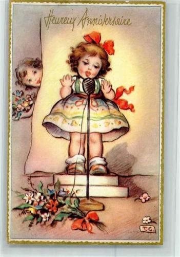 1959 Heureux Annistersaire - Mädchen mit einem Mikrofon, sign T.G.