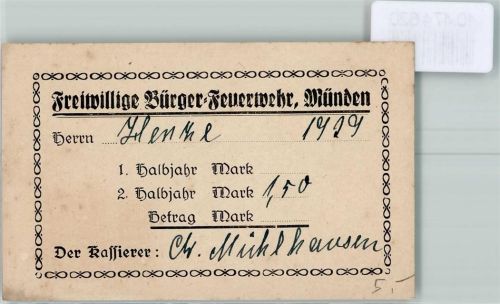 Münden 1929 Beitrags-quittung Freiwillige Bürger-Feuerwehr 2. Halbjahr Herr Henke