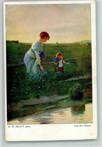 sign H.W. Braun - Mutter und Kind - Blumen pflücken, gute Erhaltung - Galerie Wiener Künstler 271 AK