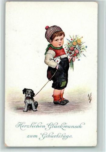 Geburtstag - Junge mit Brief, Blumen und Hund AK Gute Erhaltung