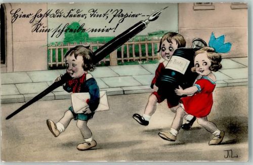 1927 Kind Feder u. Tintenfass AK