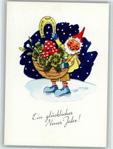 Neujahr - Korb mit Klee, Pilze u. Hufeisen, sehr gute Erhaltung AK