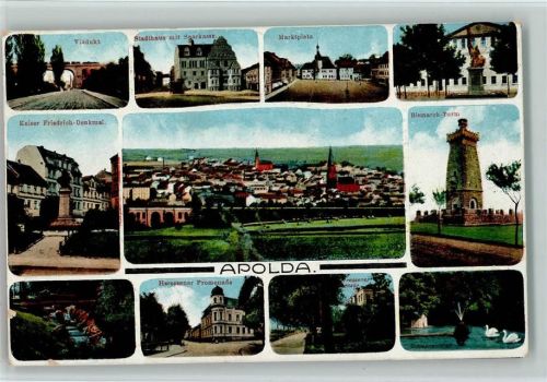 Apolda Viadukt Stadthaus mit Sparkasse Marktplatz Kriegerdenkmal Kaiser Friedrich-Denkmal Gesamtansicht Bismarck-Turm Herressener Promenade Schwanenteich Mehrfachaufnahme