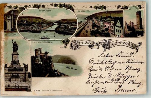 Niederwald 1901 Rhein Bingen Schiff Brücke Mäuseturm Rüdesheim Ehrenfels-Ruine Nationaldenkmal Schloss Rheinstein Bahnpost Colmar-Frankfurt Zug 188