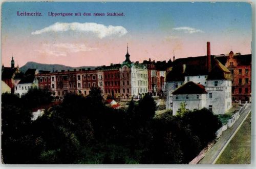 Litomerice 1915 Lippertgasse mit neuem Stadtbad
