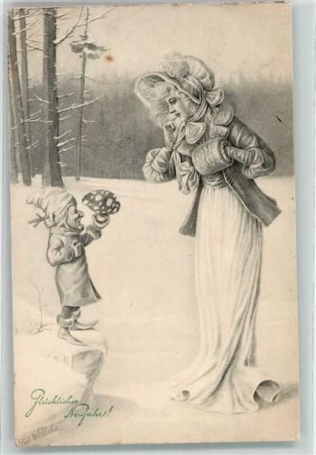 1905 sign. Welleba Rudolf Pilz für die schöne Frau mit Muff Neujahr