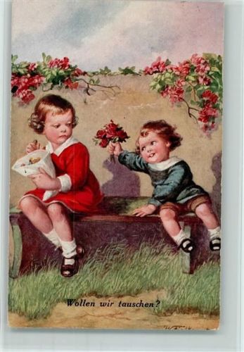 1932 Kinder - Wollen wir tauschen - Bonbons gegen Blumen AK Gute Erhaltung