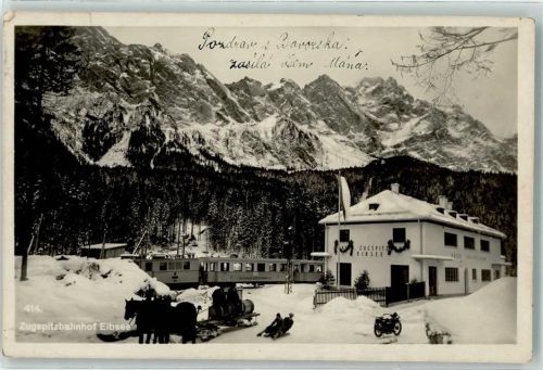Eibsee Winter Zugspitzbahnhof Eisenbahn Pferdeschlitten Motorrad Schlitten