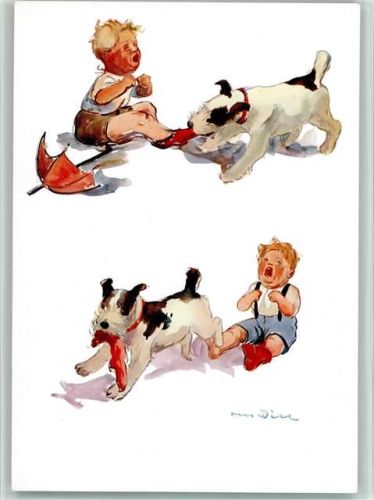 Nr. 1014 - Foxterrier klaut dem Kind die Socken, sehr gute Erhaltung AK Mandt