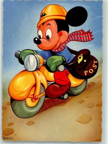 sign. W.D.P. Micky Maus als Briefträger auf einem Moped Walt Disney Künstlerkarte