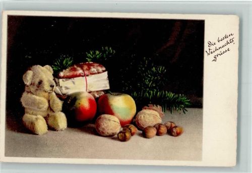 1954 Weihnachten - Teddy, MNüsse, Lebkuchen, Tannenzweig