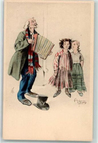1900 Kinder hören zu Bettler mit Ziehharmonika sign. Lubin de Beauvais
