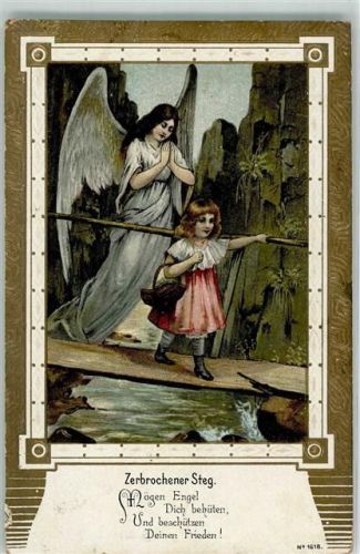 Passepartout Kind Steg Lithographie Schutzengel 1910 Prägedruck