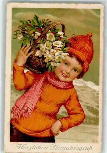 1927 Neujahr Kind mit Mütze und Schal Korb mit Blumen