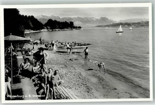 88142 W8992 Wasserburg Bodensee Foto AK Schwimmbad Strand