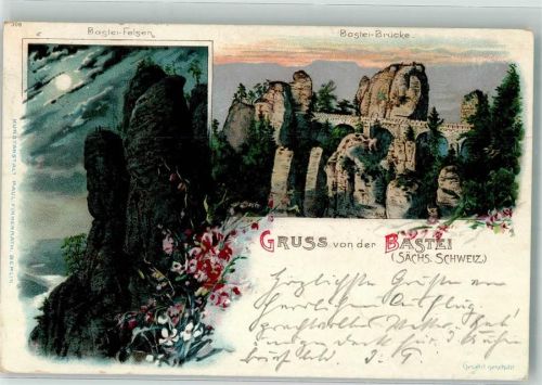 01847 O8351 Bastei 1899 Lithographie Bastei Brücke Felsen