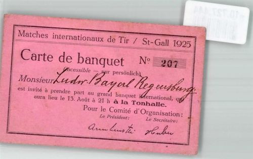 St. Gallen Ephemera Matches Int. de Tir 1925 Carte de banquet Nr. 207