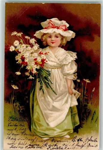 1906 Lithographie Mädchen mit einem Strauß Margeriten Hutmode