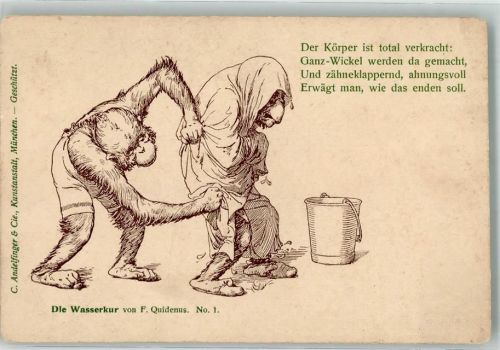 Affen , die Wasserkur Quidenus, F. 1899 Künstlerkarte