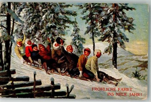 Verlag T.S.N. Serie 938 Neujahr 8er-Schlittenfahrt Schlitten 1909 Künstlerkarte