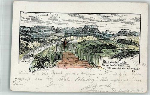 Bastei 1898 Lithographie Blick von der Bastei