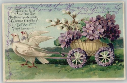 Gedicht - Tauben ziehen einen Blumenkarren litho
