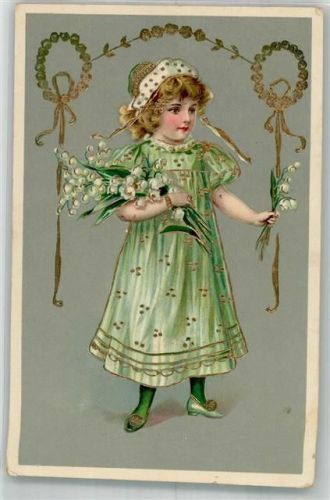 Mädchen Maiglöckchen Golddruck Maiglöckchen 1912 Prägedruck