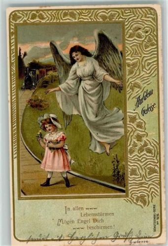 Eisenbahn Kind Hutmode Passepartout Blumen Schutzengel 1903 Prägedruck