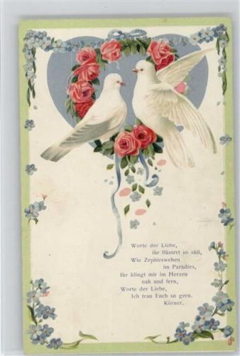 Gedicht - weiße Tauben, Rosengirlande 1908 litho