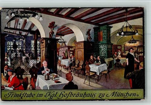 W8000 München Kgl. Hofbräuhaus Innenaufnahme Trinkstube Kachelofen sign. Hofbräuhaus Künstlerkarte