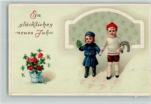 1913 Kinder mit einem Hufeisen, Blumentopf mit Rosen, Pilze