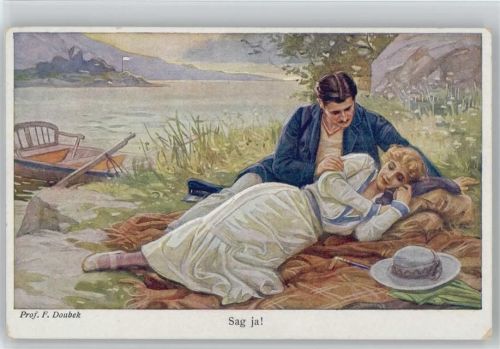 Liebespaar mit einem Boot am Seeufer - Sag ja - sign Doubek - Galerie Münchner Meister Nr. 558 AK Doubek, F.B. Künstlerkarte