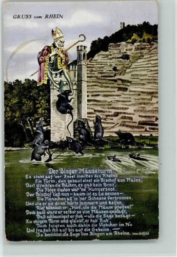Der Binger Mäuseturm mit dem Bischof, Mäusen und Gedicht