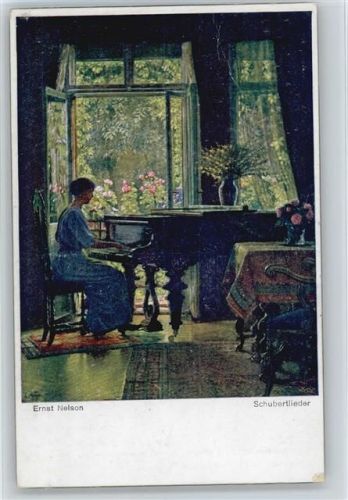 sign Ernst Nelson - Frau am offenen Fenster spielt Klavier - "Schubertlieder"