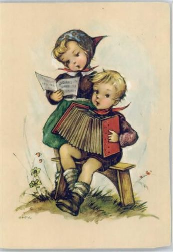 Serie 909-2 Kinder mit Ziehharmonika , Noten lesen Hilde (Künstler) 1975 Künstlerkarte
