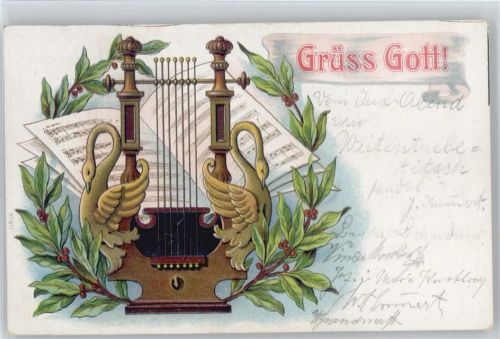 1900 Grüss Gott - Kithara prachtvolle Harfe mit Schwäne verziert