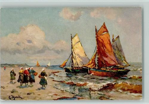 Fischerfrauen am Strand, Segelboote kommen an