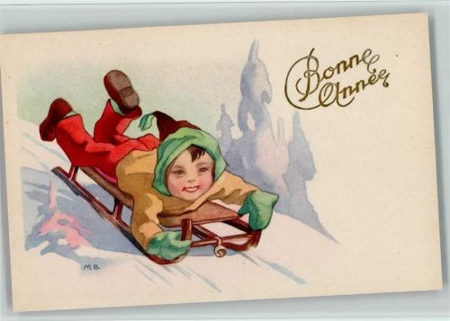 Bonne Annee Schlitten fahrendes Kind